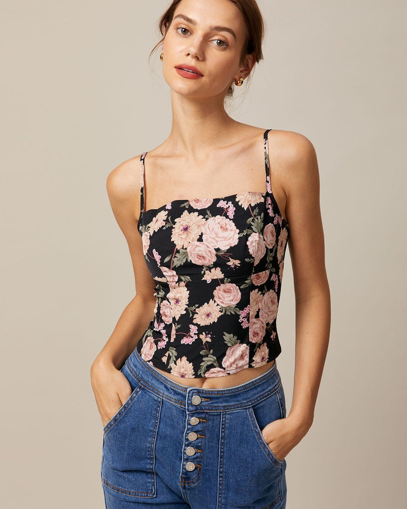 The Black Floral Shirred Back Cami Top Tops - RIHOAS