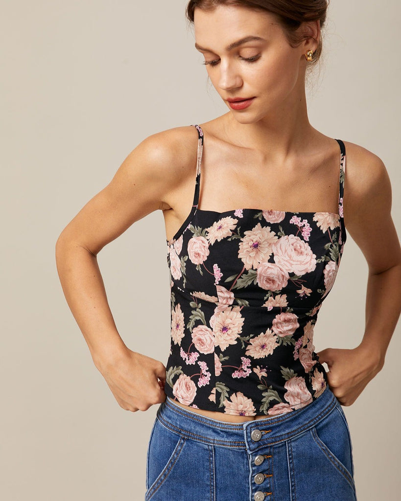 The Black Floral Shirred Back Cami Top Tops - RIHOAS