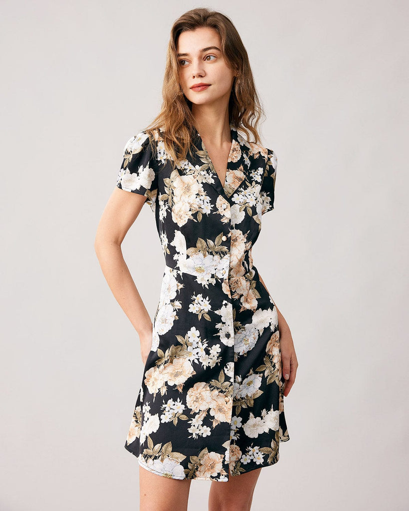 CHRONSTYLE Elegant Women Floral Print Short Mini Dress Long