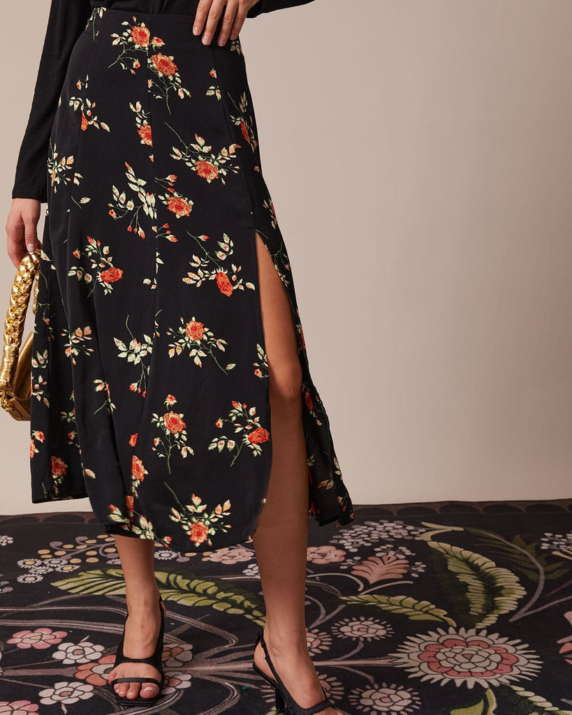 The Black Floral Slit Midi Skirt Black Bottoms - RIHOAS