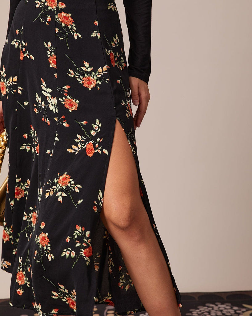 The Black Floral Slit Midi Skirt Bottoms - RIHOAS