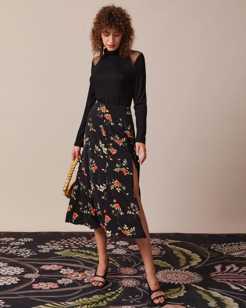 The Black Floral Slit Midi Skirt Bottoms - RIHOAS
