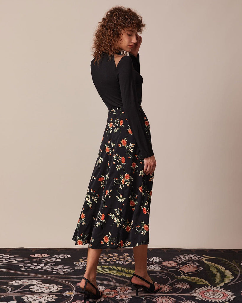 The Black Floral Slit Midi Skirt Bottoms - RIHOAS