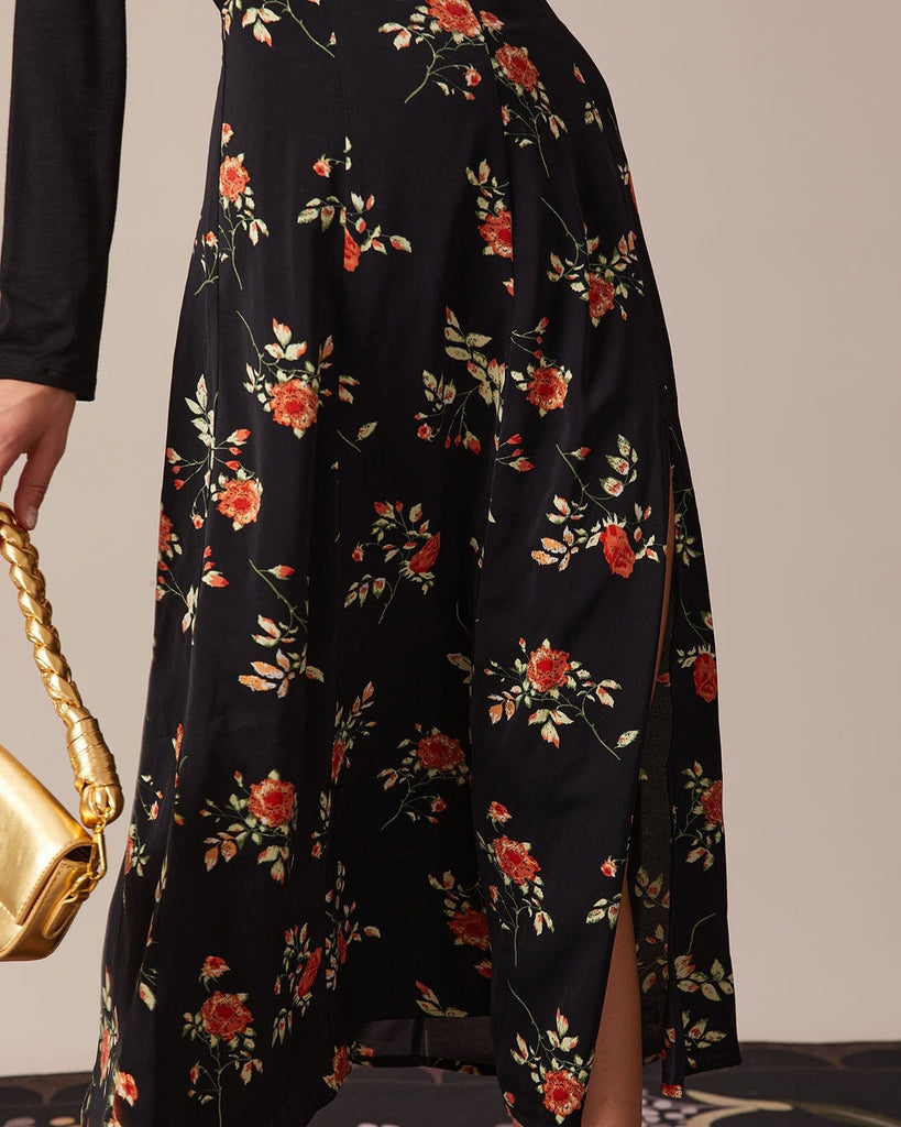 The Black Floral Slit Midi Skirt Bottoms - RIHOAS
