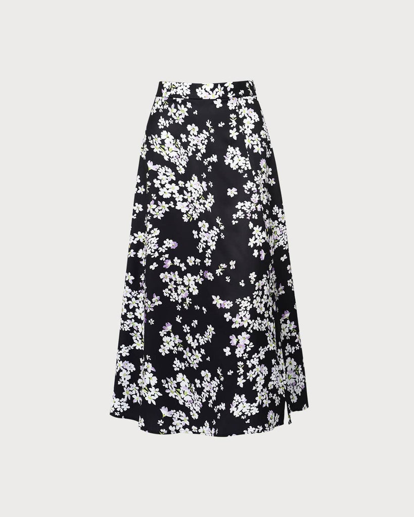 The Black Floral Split Hem Midi Skirt Black Bottoms - RIHOAS