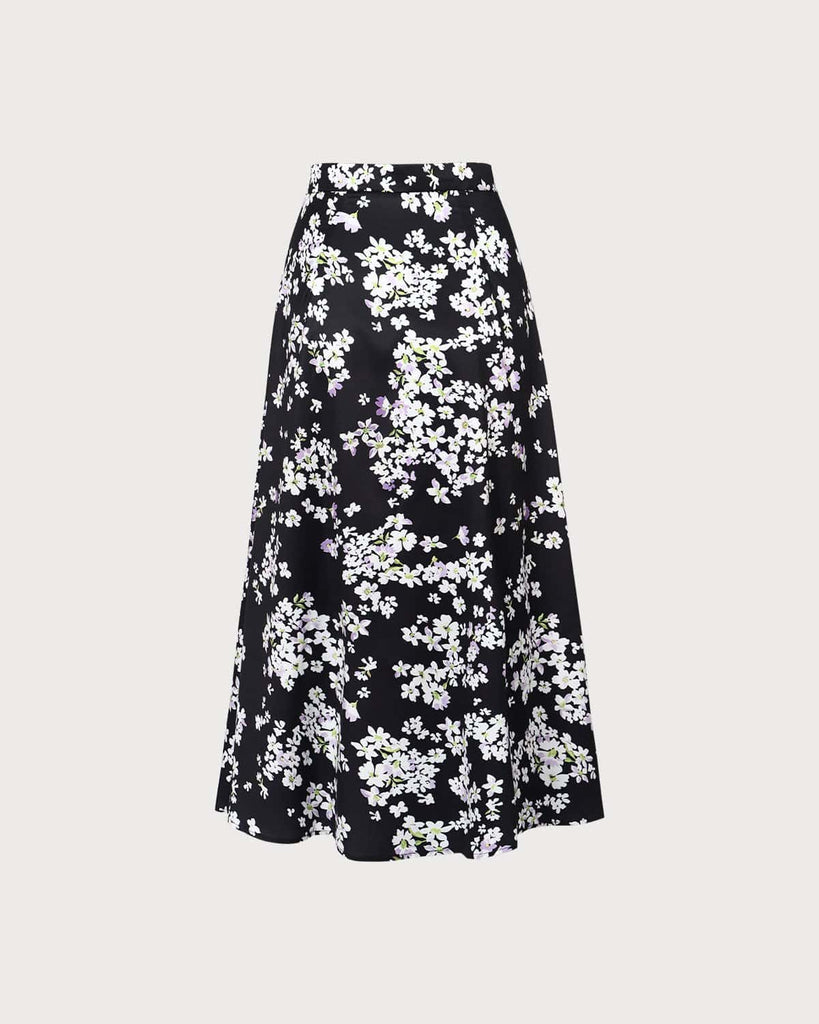 The Black Floral Split Hem Midi Skirt Bottoms - RIHOAS