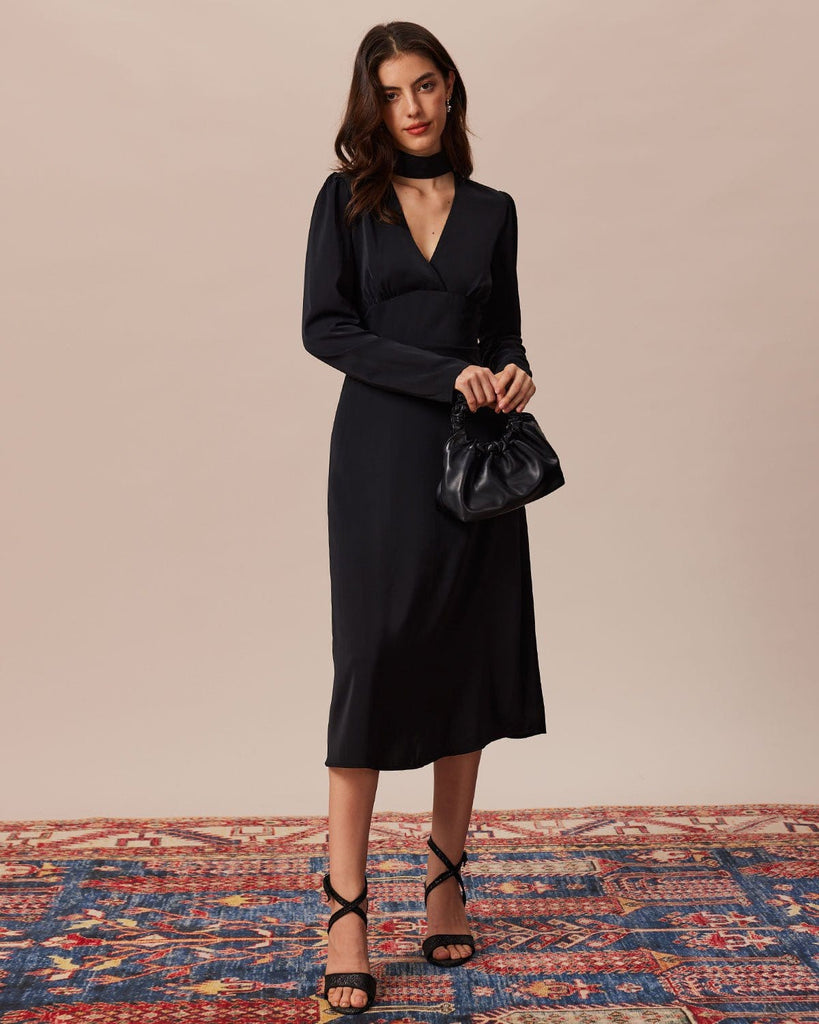 The Black Halter Solid Midi Dress Black Dresses - RIHOAS
