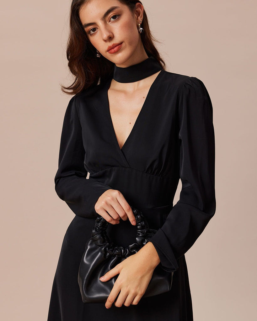 The Black Halter Solid Midi Dress Dresses - RIHOAS