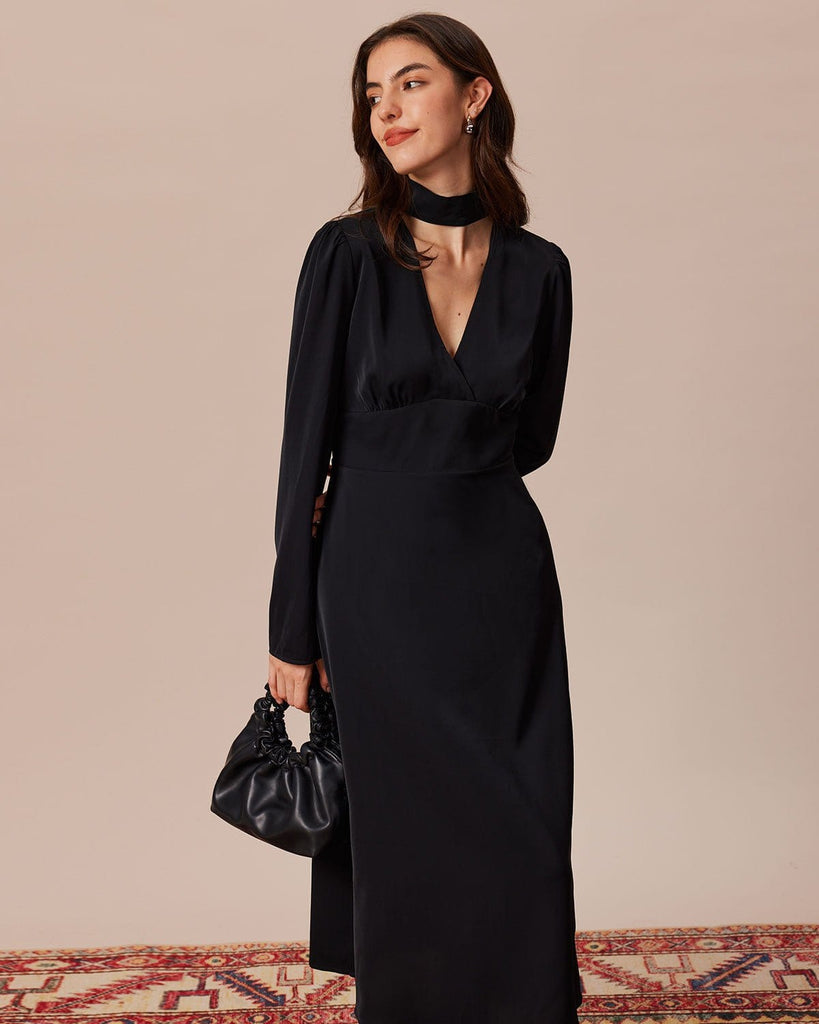 The Black Halter Solid Midi Dress Dresses - RIHOAS
