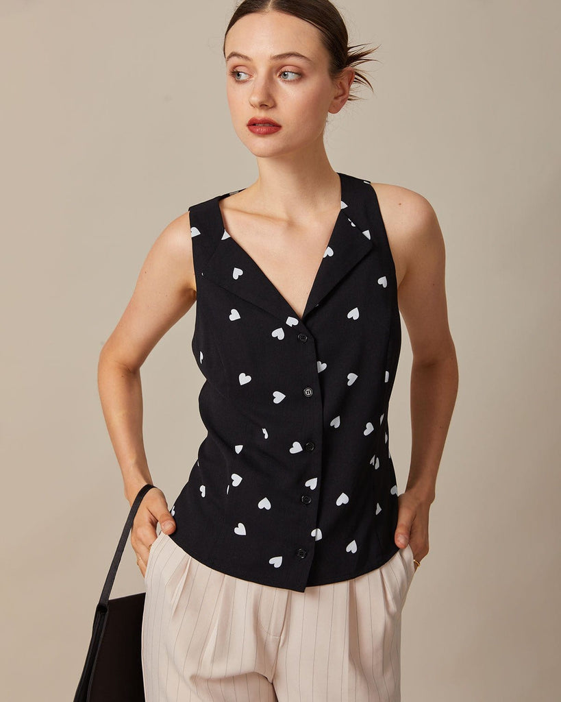 The Black Heart Pattern Tie Back Vest Black Tops - RIHOAS
