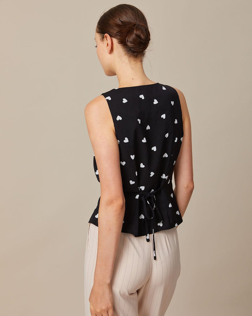 The Black Heart Pattern Tie Back Vest Tops - RIHOAS