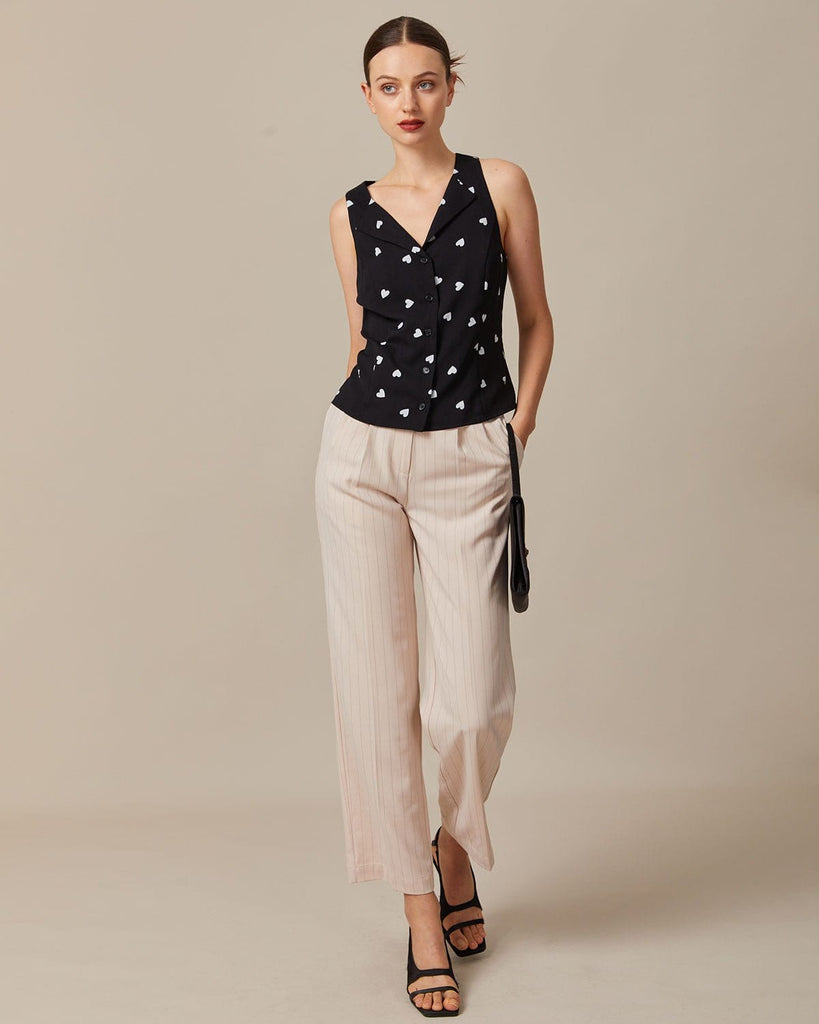 The Black Heart Pattern Tie Back Vest Tops - RIHOAS