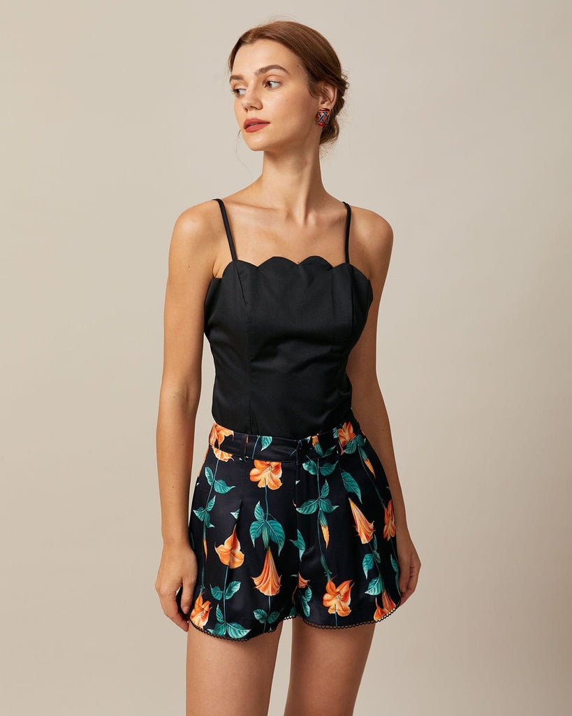 The Black High Waisted Floral Scalloped Shorts Bottoms - RIHOAS