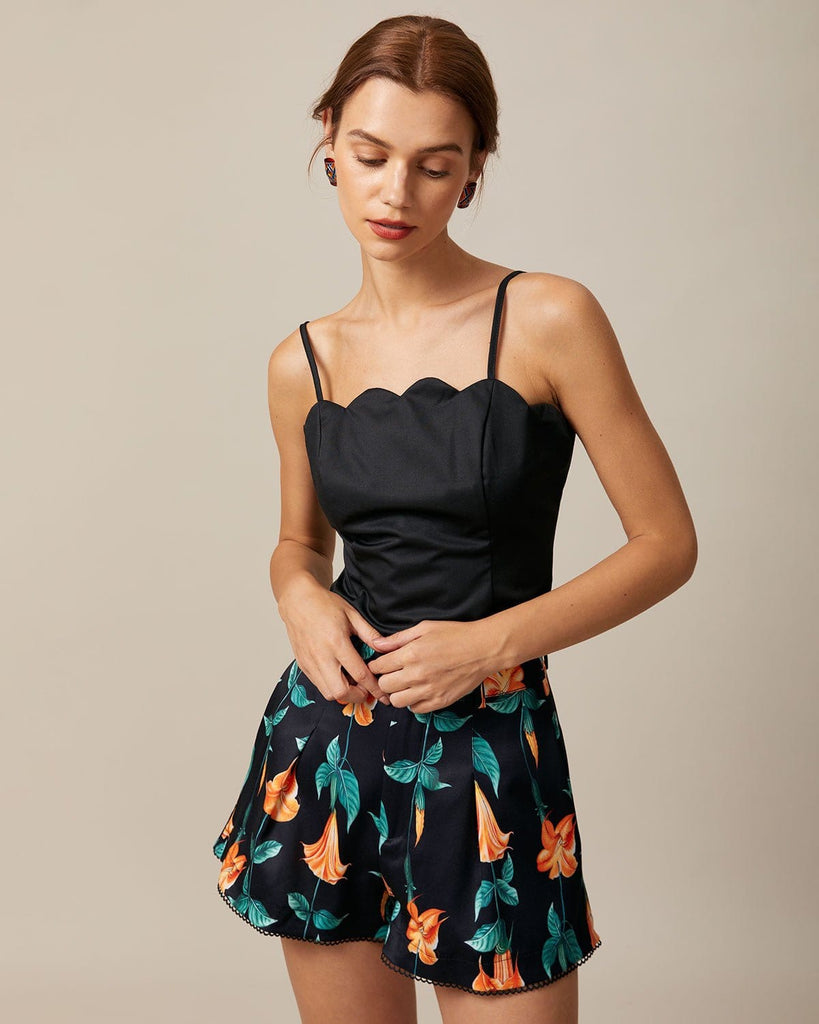 The Black High Waisted Floral Scalloped Shorts Bottoms - RIHOAS