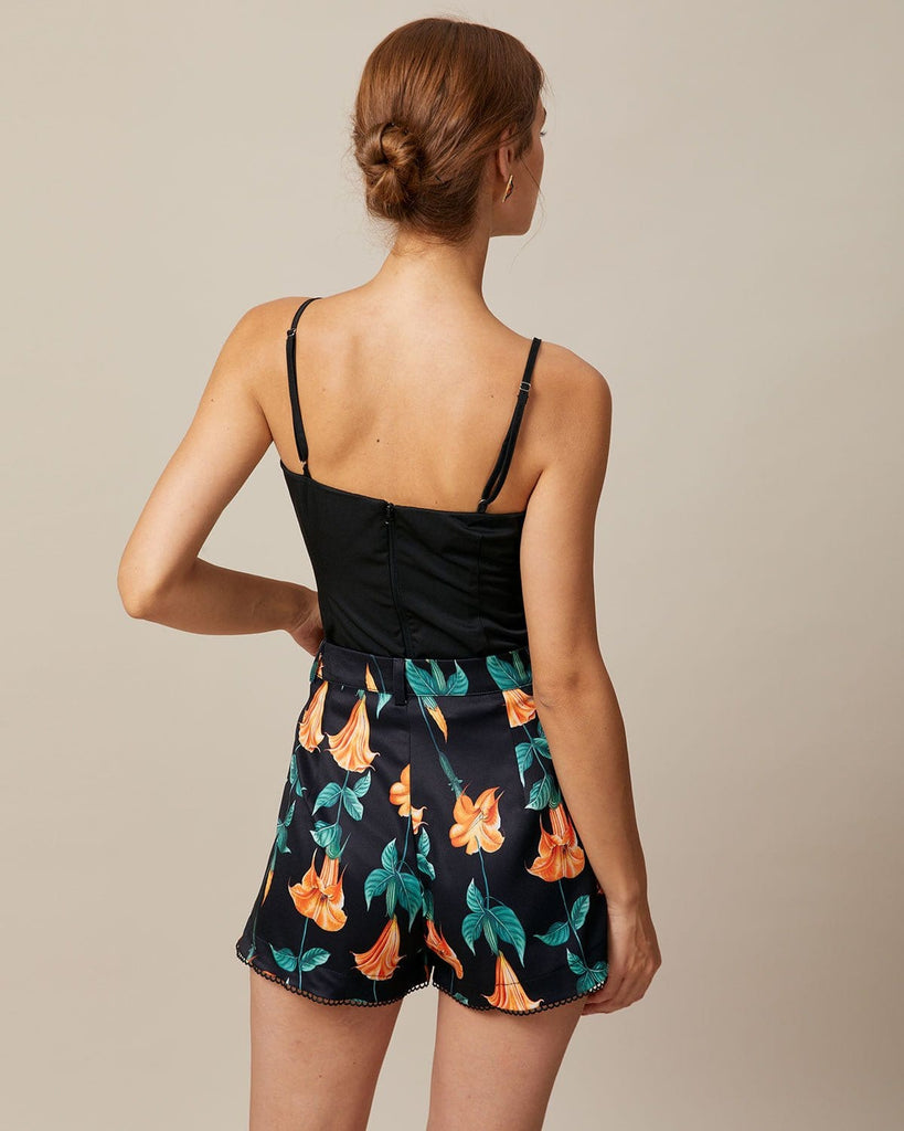 The Black High Waisted Floral Scalloped Shorts Bottoms - RIHOAS