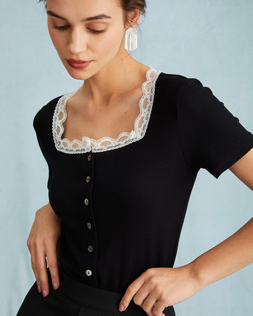 The Black Lace Trim Knit Tee Tops - RIHOAS