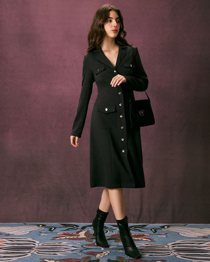 The Black Lapel Button Midi Dress Dresses - RIHOAS