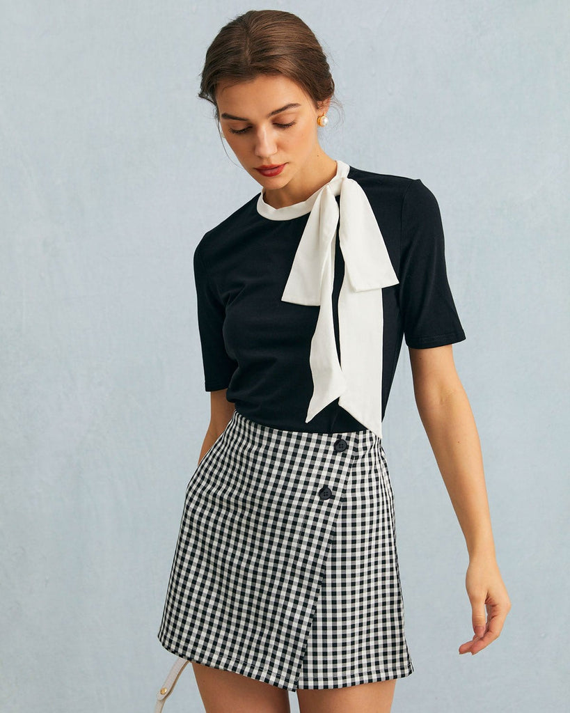 The Black Plaid Button Detail Skort Bottoms - RIHOAS