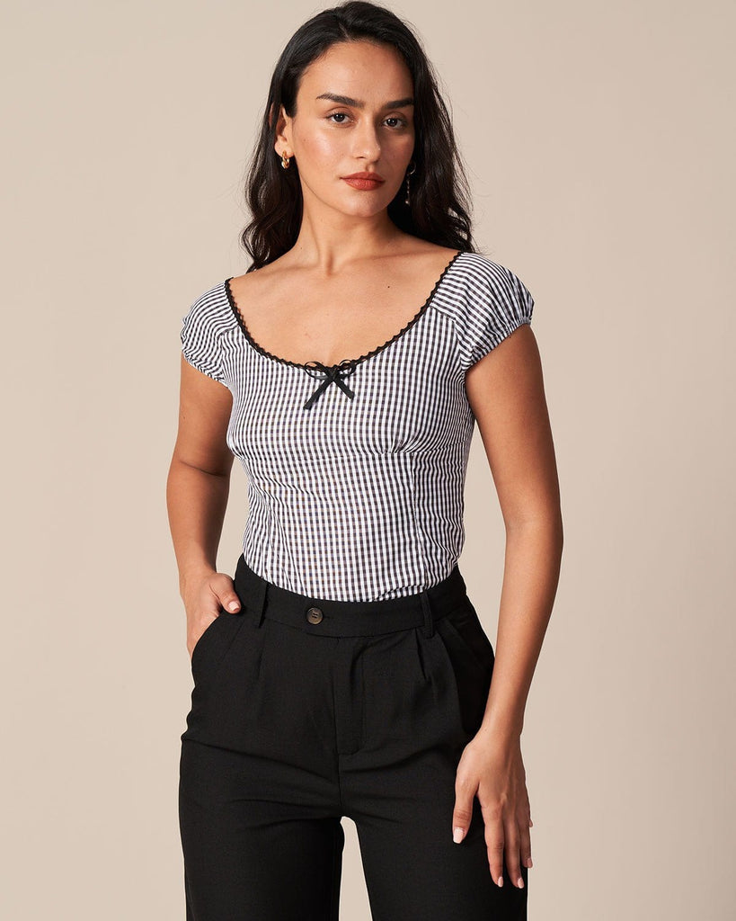 The Black Plaid Lace Trim Blouse Black Tops - RIHOAS