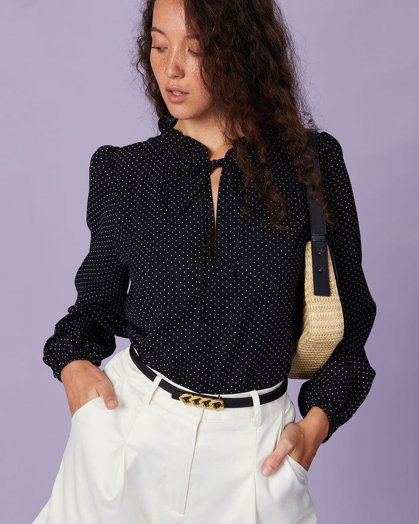 The Black Polka Dot Lantern Sleeve Shirt Tops - RIHOAS