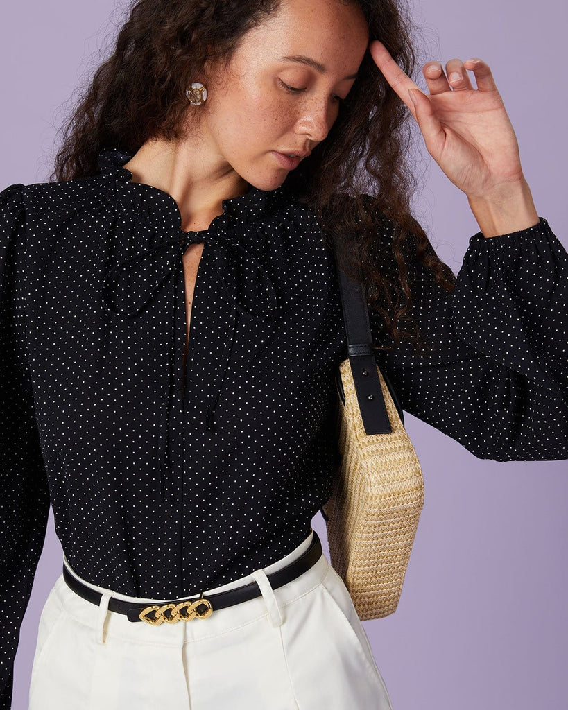 The Black Polka Dot Lantern Sleeve Shirt Tops - RIHOAS