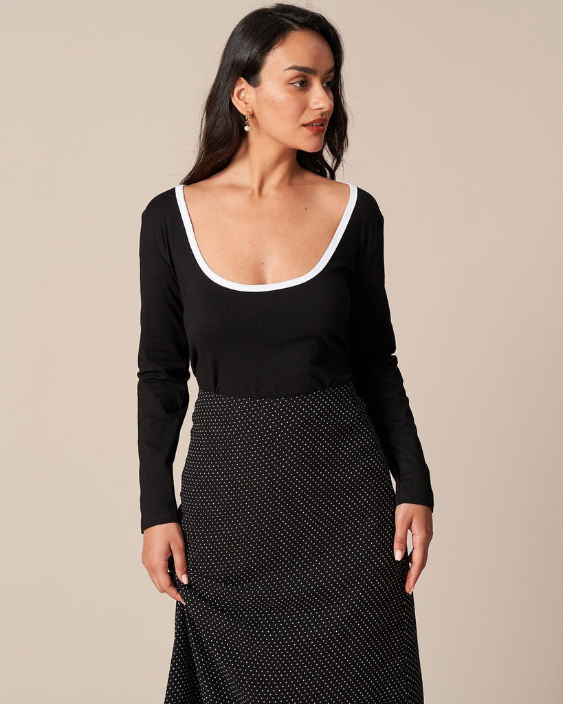 The Black Round Neck Backless Tee Tops - RIHOAS