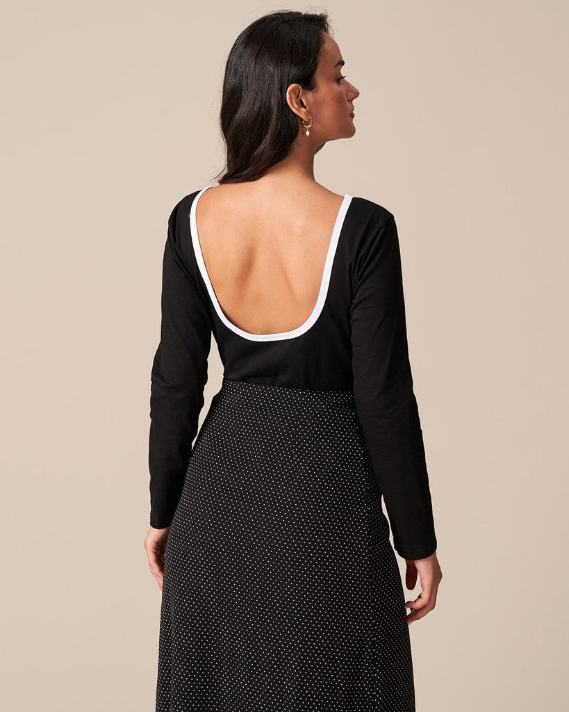 The Black Round Neck Backless Tee Tops - RIHOAS