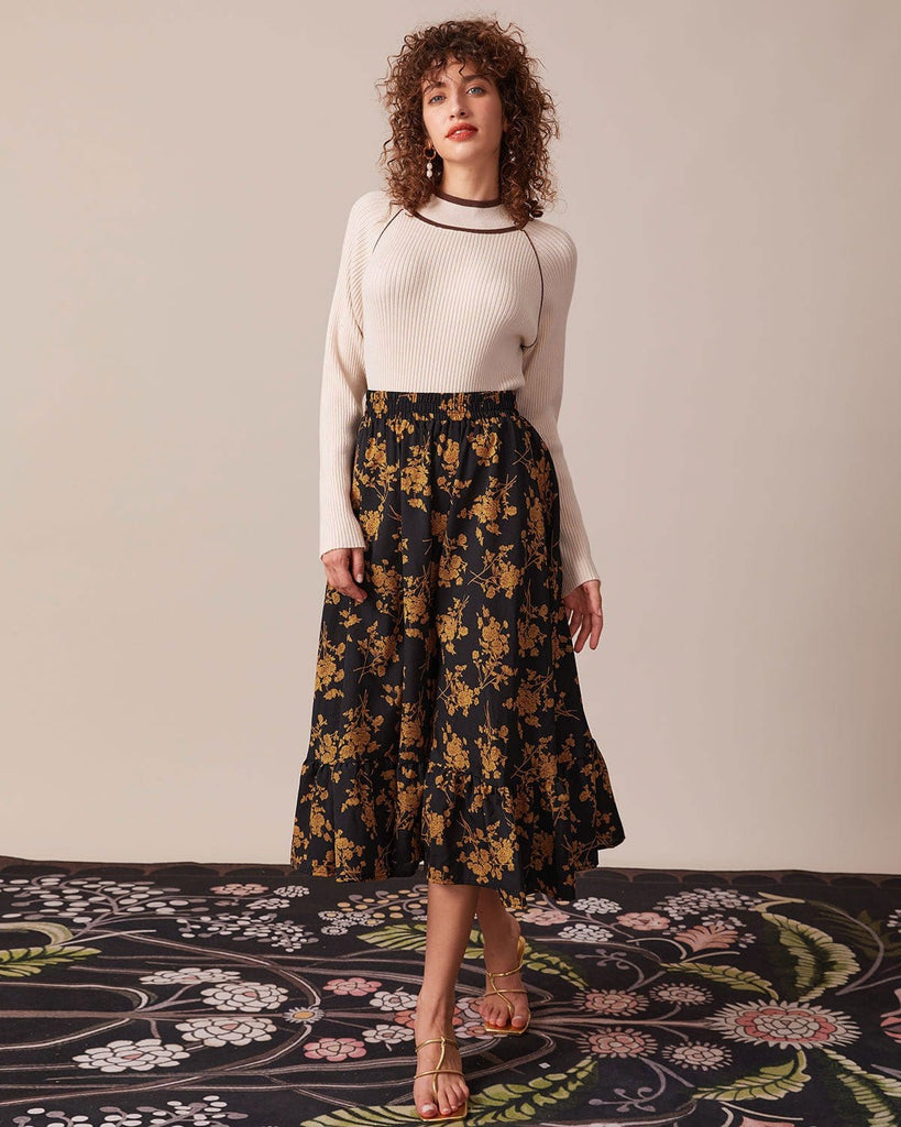 The Black Ruffle Hem Floral Skirt Bottoms - RIHOAS