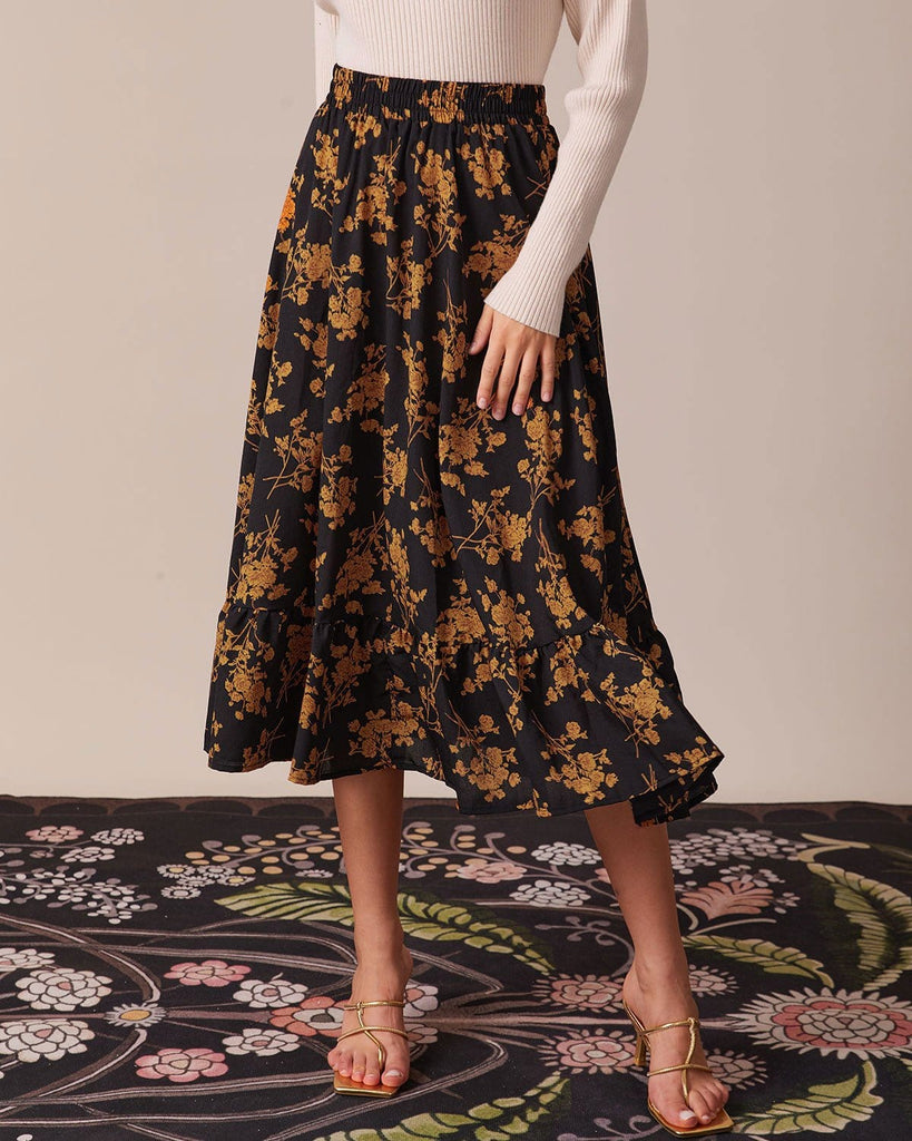 The Black Ruffle Hem Floral Skirt Bottoms - RIHOAS