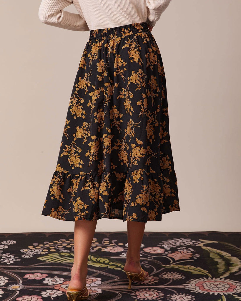 The Black Ruffle Hem Floral Skirt Bottoms - RIHOAS