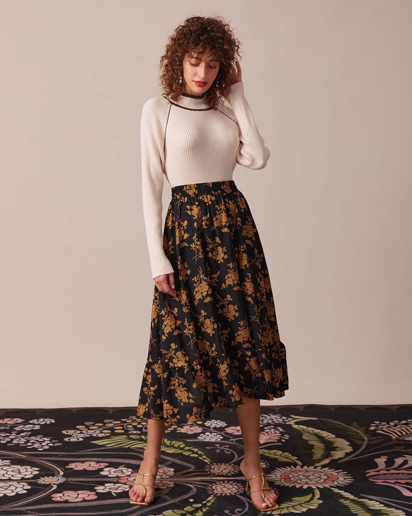 The Black Ruffle Hem Floral Skirt Bottoms - RIHOAS