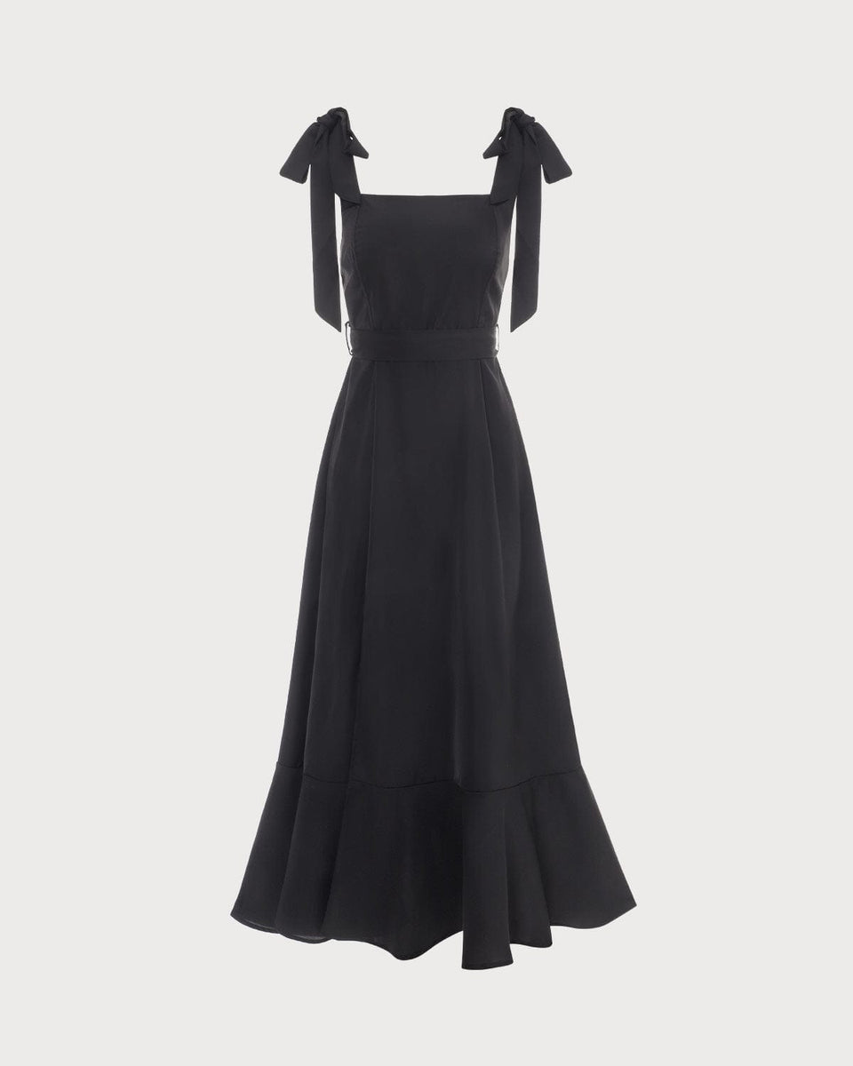 The Black Ruffle Hem Tie Strap Maxi Dress Women's Black Ruffle Prom, Formal Sleeveless Dress