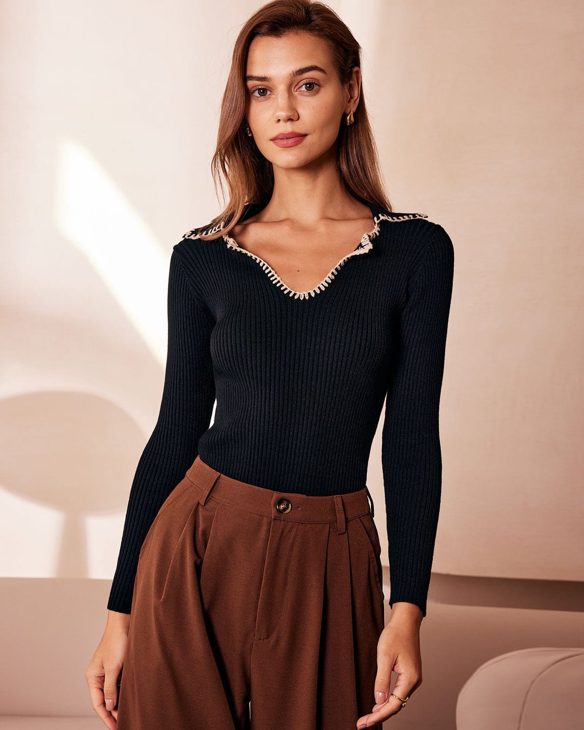 The Black Lapel Seam Colorblock Knit Top - Black Knit Long Sleeve Rib ...