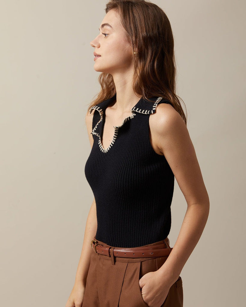 The Black Seam Detail Ribbed Knit Tank Top Tops - RIHOAS