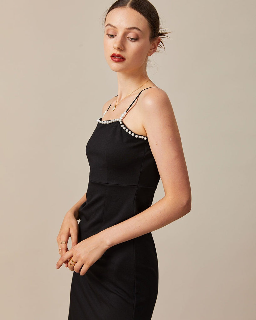 The Black Solid Pearl Midi Dress Dresses - RIHOAS