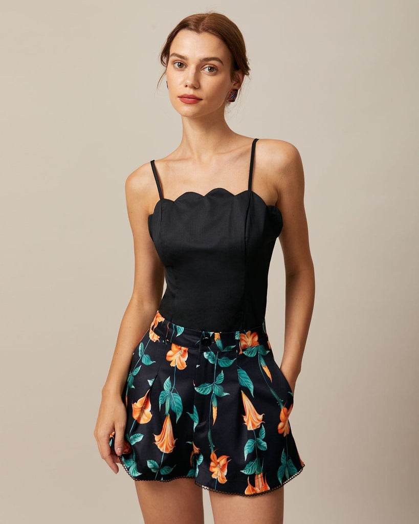 The Black Solid Scalloped Cami Top Black Tops - RIHOAS