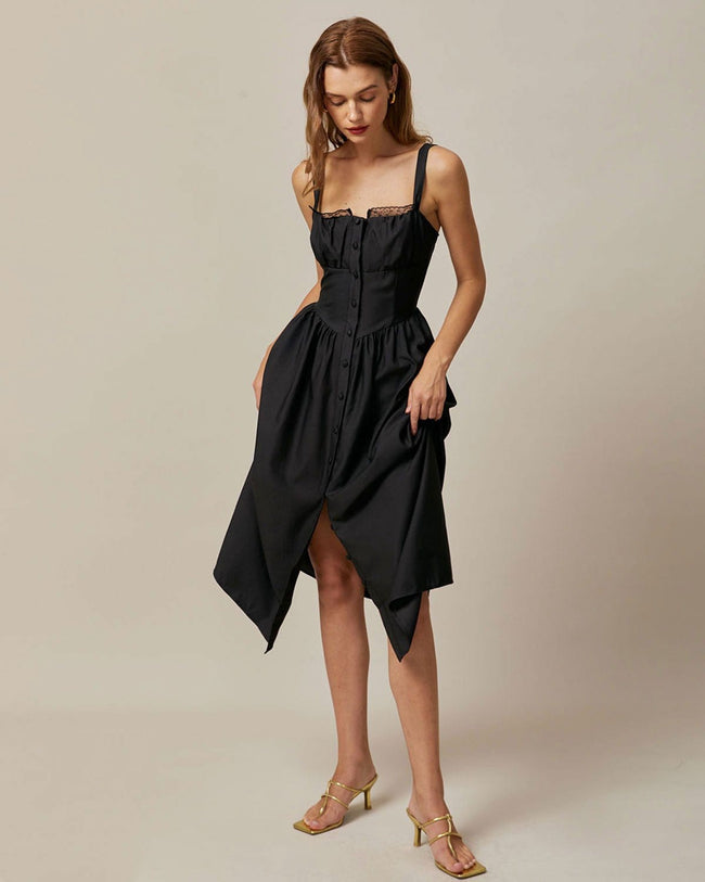 The Black Square Neck Lace Cami Midi Dress & Reviews - Black