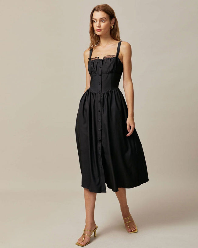 The Black Square Neck Lace Cami Midi Dress & Reviews - Black