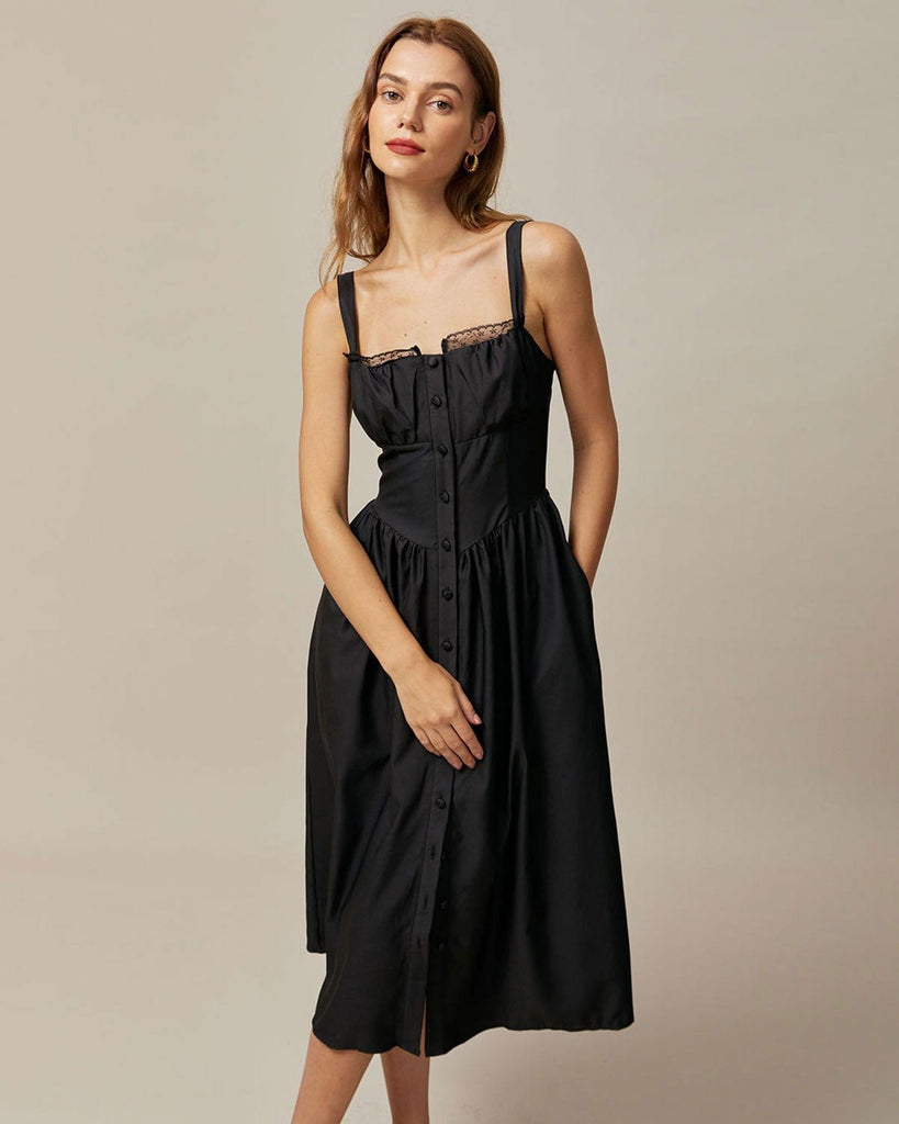 The Black Square Neck Lace Midi Dress Dresses - RIHOAS