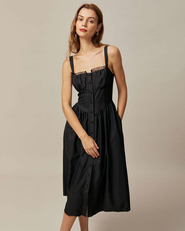 The Black Square Neck Lace Cami Midi Dress & Reviews - Black
