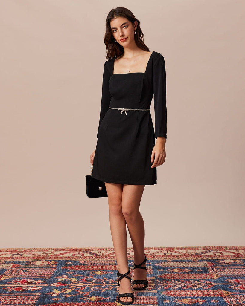 The Black Square Neck Rhinestone Mini Dress Dresses - RIHOAS
