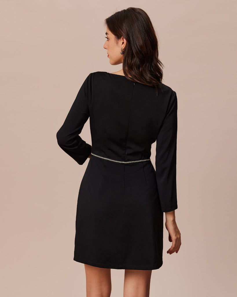 The Black Square Neck Rhinestone Mini Dress Dresses - RIHOAS