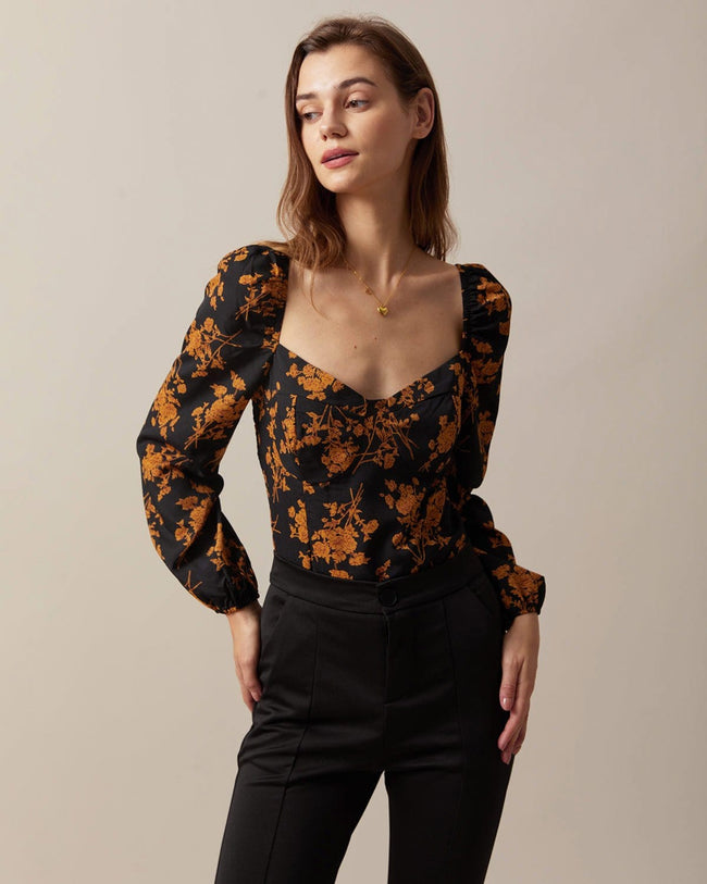 Black floral puff sleeve top clearance
