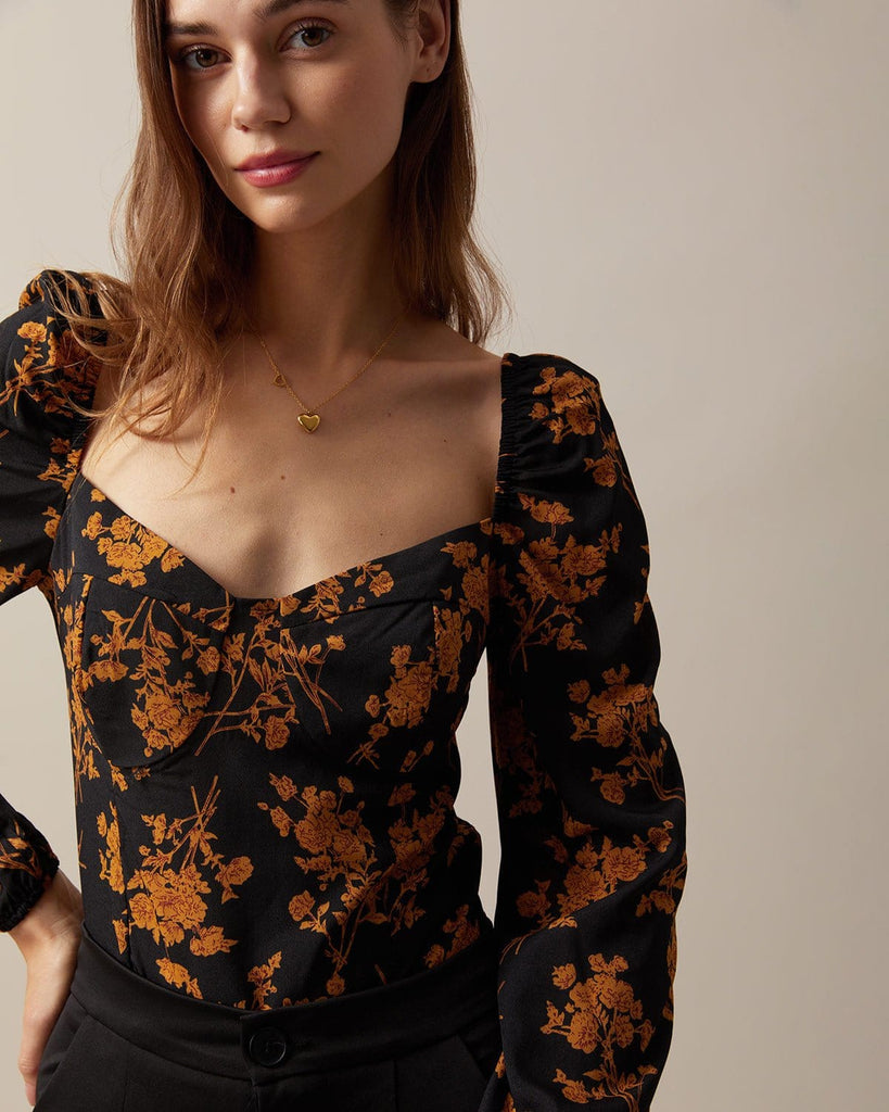 The Black Sweetheart Neck Floral Blouse Tops - RIHOAS