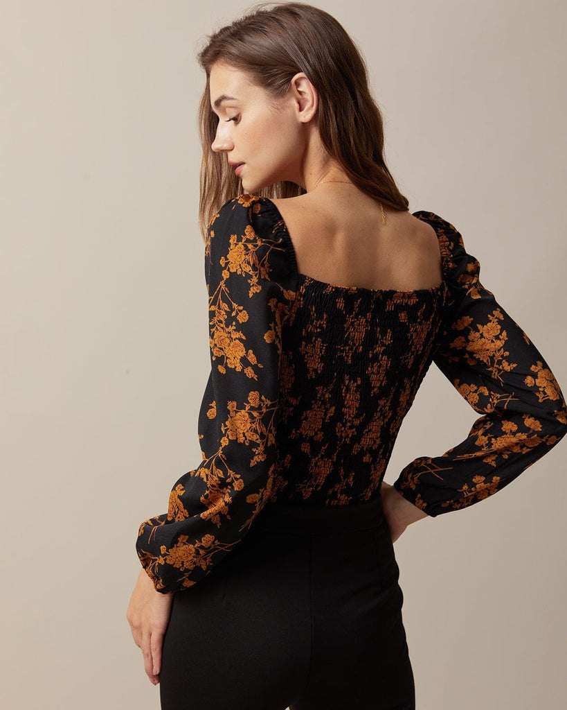 The Black Sweetheart Neck Floral Blouse Tops - RIHOAS