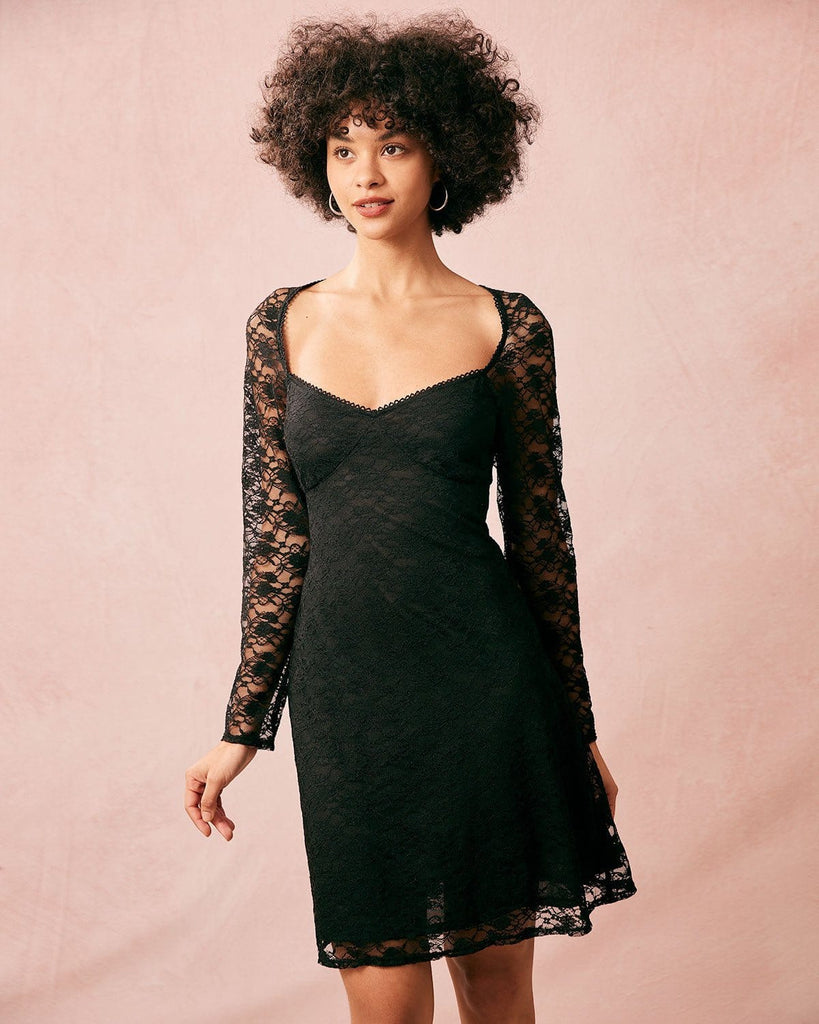 The Black Sweetheart Neck Lace Mini Dress Black Dresses - RIHOAS