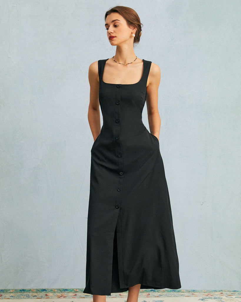 The Black U Neck Tie Back Maxi Dress Black Dresses - RIHOAS