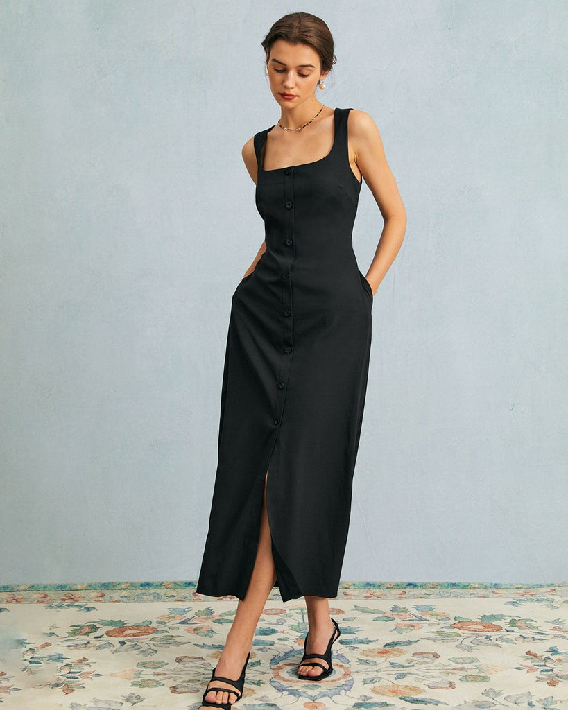 The Black U Neck Tie Back Maxi Dress Dresses - RIHOAS