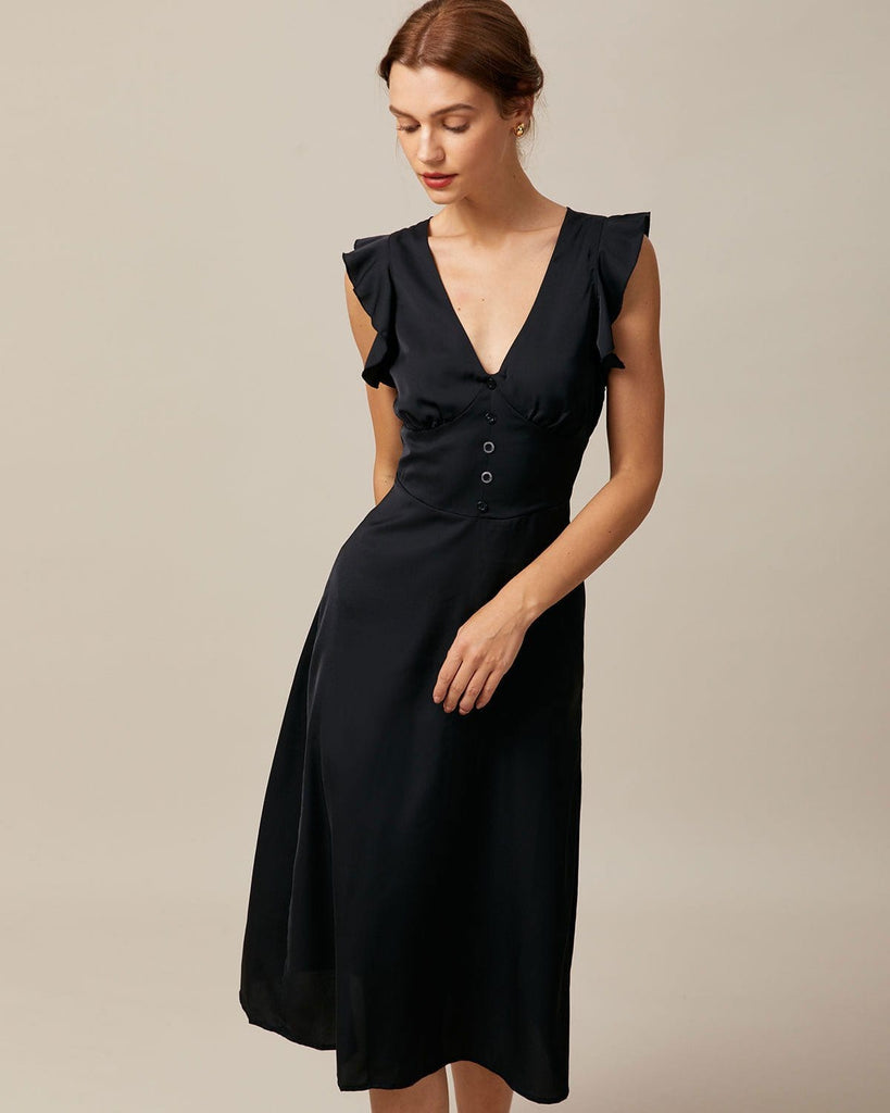The Black V-Neck Butterfly Sleeve Midi Dress Dresses - RIHOAS