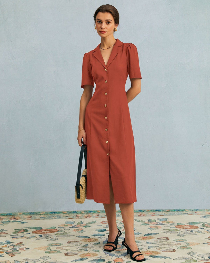 The Black V-Neck Button Up Midi Dress Brick Red Dresses - RIHOAS